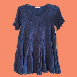 Altar'd State Navy Blue Minimalist Boho Babydoll Top S Crochet Festival Y2K
